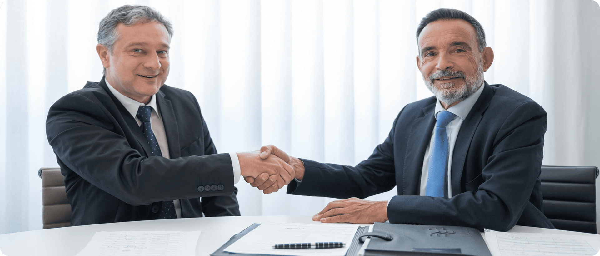 Two business executives shaking hands to finalize M&A deal with OneAccord business valuation and exit strategy guidance